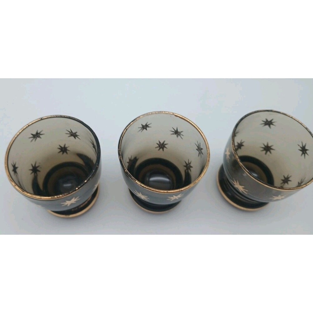 6 Vtg Cordial Glasses Brown With Gold Atomic Stars Smokey - Picture 6 of 7